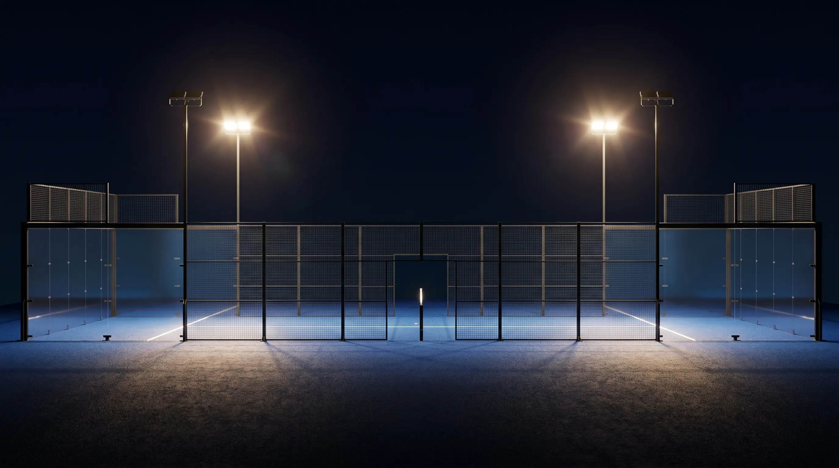 Campo da padel illuminato di notte dai fari a LED
